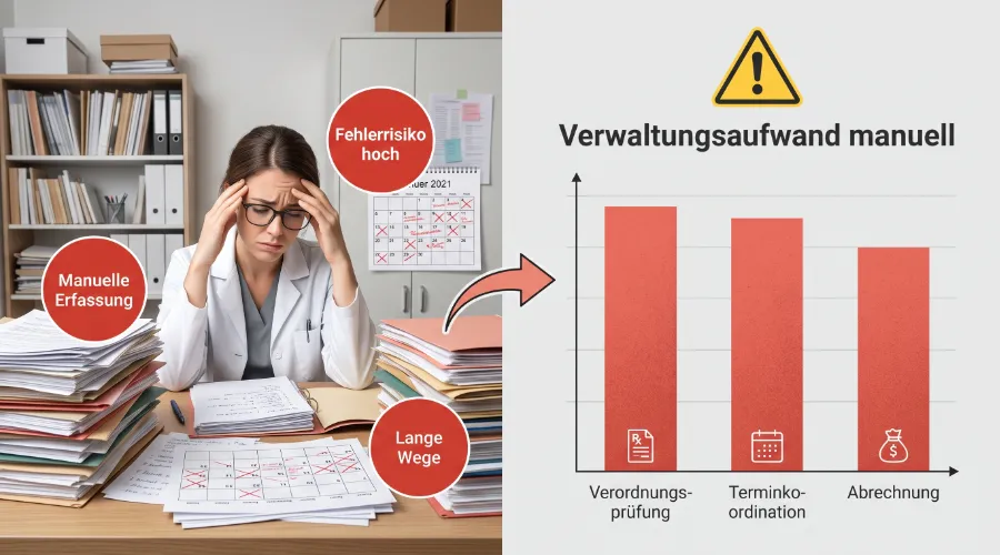 Visualisierung des hohen manuellen Verwaltungsaufwands in einer Therapiepraxis mit Papierformularen und Stress.