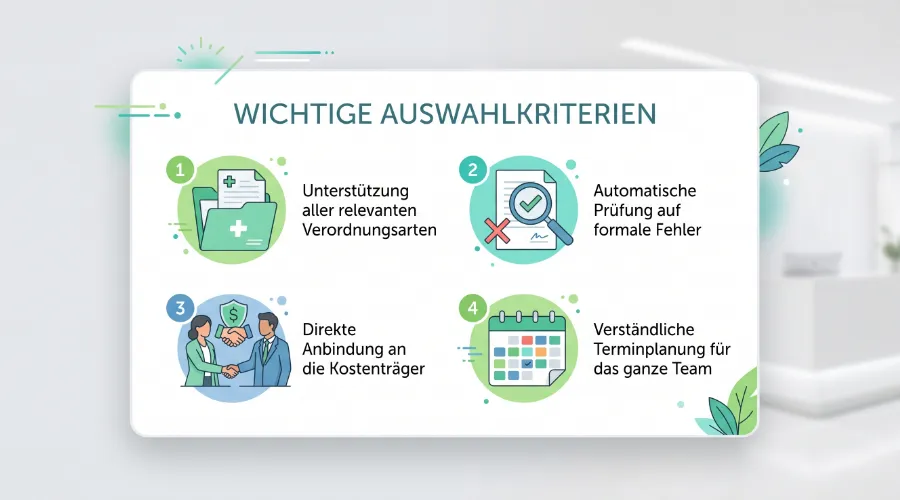 Infografik-Checkliste mit den wichtigsten Kriterien für die Auswahl einer Praxissoftware für Therapeuten.