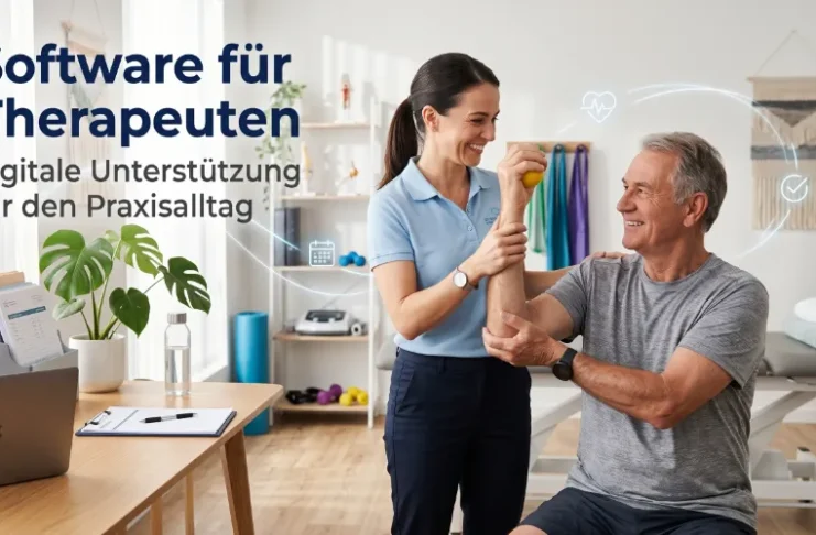 Physiotherapeutin und Patient in entspannter Therapiesituation, symbolisch unterstützt durch digitale Organisation.