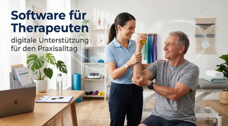 Physiotherapeutin und Patient in entspannter Therapiesituation, symbolisch unterstützt durch digitale Organisation.